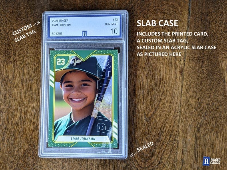 Custom card sealed in a labeled acrylic slab case